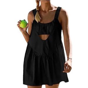 Tennis Workout Mini Dress, Women Sleeveless Cut Out Summer Dresses, Casual Athletic Golf Exercise Outfits, with Built in Bra and Shorts, Pockets,A,SIZE: XXL
