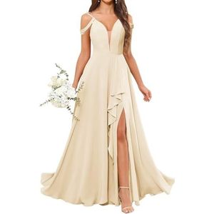 HPPEE Avondjurk voor dames, V-hals, blote schouders, bruidsmeisjesjurk met split en ruches, Champagne, 32