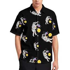 Funy Astronaut With Moon T-shirt met korte mouwen voor heren, casual button-down, zomer, strand, top met zak