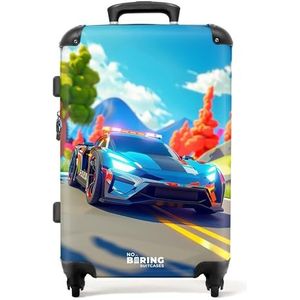 NoBoringSuitcases.com © Reiskoffer Harde koffer Trolley Kinderkoffer Grote koffer Reiskoffer met 4 wielen, TSA-slot (Cartoon beeld van een politieauto in de natuur), (Middelgroot 67x43x25 cm)