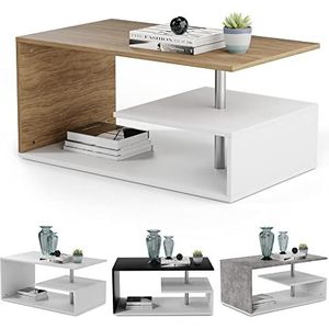 MIADOMODO® Coffee Table Multi-Level - 90 x 50 x 41 cm, spaanplaat, aluminium stang, wit/eiken - bijzettafel, hoektafel, theetafel voor in de woonkamer, opbergtafel met plank, modern