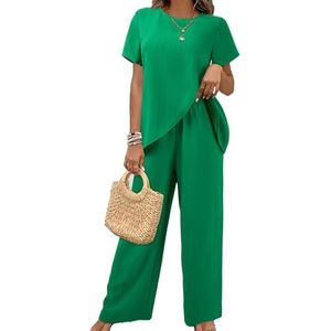 Leader of the Beauty Dames zomer 2-delige outfits korte mouw casual moeder V-hals top lange broek pak set, Groen, S