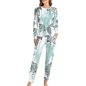 Zebra En Tijger Mozaïek Mode 2 STKS Womens Pyjama Sets Lange Mouw Nachtkleding Nachtkleding Loungewear Stijl