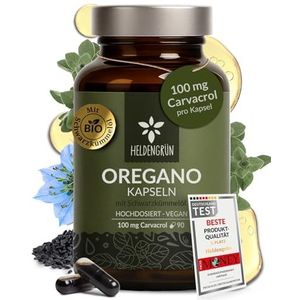 Heldengrün Biologische oregano & zwarte komijnolie capsules, hoge dosering, 100 mg carvacrol per capsule, biologische oregano-olie met 82% carvacrol uit Griekenland, maagsapresistent, laboratorium