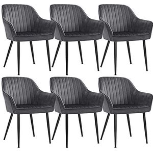SONGMICS Eetkamerstoel, set van 6, fauteuil, loungestoel, met armleuning, bekleding van fluweel, zitbreedte 49 cm, belastbaar tot 110 kg, metalen poten, voor de eetkamer, grijs-zwart LDC087G01-6