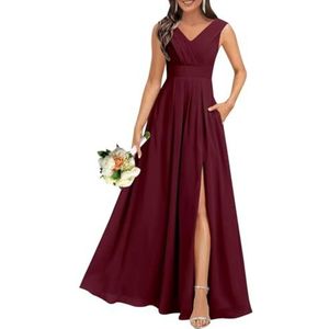 Chiffon bruidsmeisjesjurken voor dames, voor bruiloft, met split, cocktailjurk, avondjurk, baljurk, grote maten, Bordeaux, 32