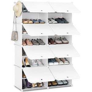 WOLTU Schoenenrek met 8 vakken, schoenenopslag voor 32 paar schoenen, schoenenkast voor hal, woonkamer, slaapkamer, schoenenorganizer met deuren, van modulaire PP-platen, wit, SRX26ws