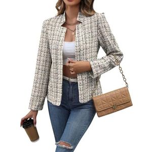 Dames herfst business geruite tweed blazer jas voor werk professioneel, open voorkant nette zakelijke pakken interview outfits casual lange mouwen mode trendy elegante kantoor pied-poule blazer jas