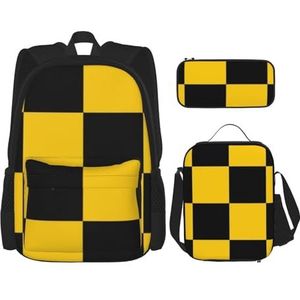 YsoLda Rugzakset, schooltas boekentas rugzak 3-delige set met lunchtas etui, geel zwart geruit, zoals afgebeeld, Eén maat