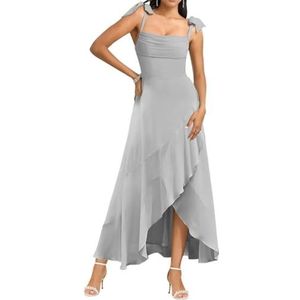 Spaghetti Bandjes Bruidsmeisjes Jurken voor Bruiloft Fluwelen Ruches Formele Avond Party Maxi Jurk High Low AH143, Zilver, 32