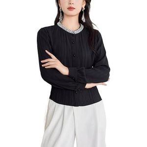 ROUZIHU Ronde hals kralen chiffon shirt professioneel woon-werkverkeer gerimpeld knoop shirt dames slim shirt(Schwarz,XXL)