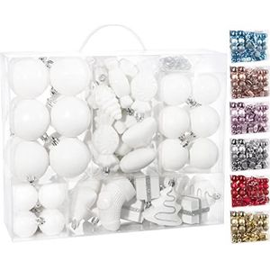 BRUBAKER Kerstballen 77-Delige Set - Kerstboomdecoraties met Ballen Sterren Laarzen Dennenappels Verpakkingen - Plastic - Wit