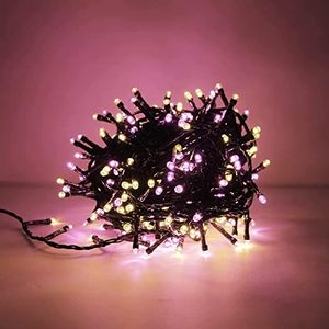 Luccika Kerstsnoer met led-lampjes op groene kabel voor binnen en buiten, 31 V controller met 8 lichtspellen en geheugen (roze + warmwit, 25 meter met 500 leds)