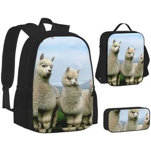 SUHNGE Leuke Bijen Print Schooltas 3 Stuks Set Wandelen Lichtgewicht Laptop Rugzak Etui Lunch Tas, Alpaca-familie, Eén maat