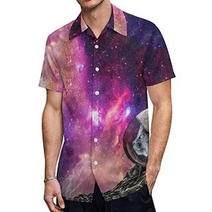 Kat in een ruimtepak op een andere planeet, Hawaiiaanse shirts voor heren, casual overhemd met korte mouwen, knoopsluiting, vakantie, strandshirts, 2XL