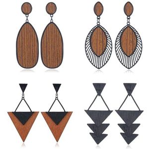 Natuurlijke houten oorbellen set - Dangle Fashion Drop Oorbellen 4 paar, Zink, Geen edelsteen