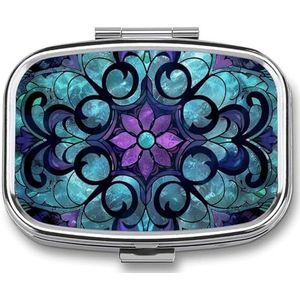 Gebrandschilderd glaspatroon pillenetui met 2 compartimenten, pillenorganizer, draagbare vierkante pillendoos, vitaminepillenorganizer voor zakportemonnee en reizen