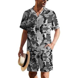 Grijze camouflage Hawaiiaanse pak voor heren, set van 2 stuks, strandoutfit, shirt en korte broek, bijpassende set