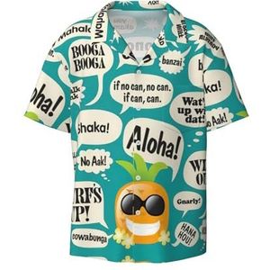 TyEdee Hawaiiaanse slogans print heren korte mouwen overhemd met zak casual button down shirts business overhemd, Zwart, 3XL