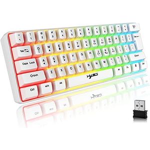 Toetsenbord Gaming Draadloos, 61 Toetsen Bluetooth 5.0 + 2.4G Dual-Mode Rainbow Backlit Ergonomisch Ultracompact Stil 60% Toetsenbord met Oplaadbare Batterij voor Windows Mac PC PS4 Gamer, Wit