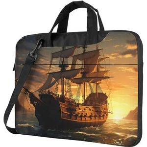 GFLFMXZW Fantasie Piraat Schip Print Laptop Tas Shockproof Laptop Schoudertas Draagbare Messenger Bag W/Handvat Aktetas, Zwart, 14 inch