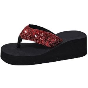 UBOHUZ Dames Flip Flops Pailletten Wedge Slippers Vrouwen Zomer Comfort Antislip Strand Flop Flops Lichtgewicht Clip Teen Platform Sandalen Voor Strand, Indoor, Rood, 43 EU