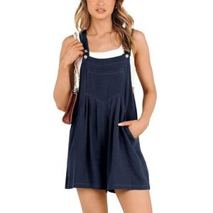 Jumpsuits Voor Vrouwen Zomer Casual Vrouwen Casual Bagged Katoen Linnen Losse En Afslankende Brede Pijpen Jumpsuit Effen Kleur Comfortabele Basic Zomer Playsuit Met Pocket, Donkerblauw, XL