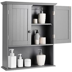 Houten badkamerkast, aan de muur gemonteerde opbergkast met verstelbare plank en compartiment, moderne toiletkast opbergeenheid for keuken woonkamer gang (grijs, met metalen handgrepen) (Color : Gray