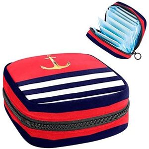 Maandverband Opbergtas,Draagbaar maandverband Opbergzak,Blauw wit nautisch embleem met anker, Meerkleurig, 4.7x6.6x6.6 in/12x17x17 cm