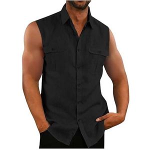 Herenoverhemd Mouwloos Revers Knoop Cardigan Top Zomer Trend Straat Effen Kleur Blouses for Heren(2,XXXL)