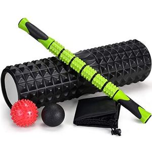 Odoland Foamroller, 5-in-1 massageroller, schuimroller met triggerpunten + spierroller stick + massageballen + draagtas voor crossfit en pilates