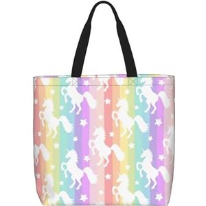 EdWal Bloed Rode Draak Print Tote Bag Voor Vrouwen Schoudertassen Grote Kruidenier Handtas Crossbody Tas Voor Werk Reizen Winkelen, Eenhoorns op kleurrijke strepen, Eén maat