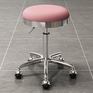 FXLUHAY Verstelbare kruk met wielen, draaibare zitting en verstelbare hoogte, werkplaats kruk, 360° verstelbare ronde PU-lederen draaibare kruk, salonstoel (roze)