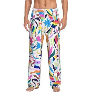 Mexicaanse Otomi Dieren Heren Pyjama Broek,Pyjama Polyester Broek Voor Mannen Zachte Lange Lounge Pj Slaap Broek Met Zakken, Wit, S