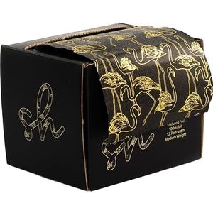 Extra Wide Hair Foil, Hairdressing Foil For Highlighting and Balayage, 12.7cm width hair foil roll with built in cutter. Embossed Foil with Black and Gold Continuous Line Flamingo Design