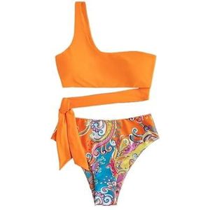 LNNXSZ Dames Bikini Set Push Up Enkele Schouder Streep Vrouwen Bikini Set Hoge Cut Gedrukt Bodem Gewatteerde Badmode Zomer Beachwear Badpak, Rfdz1084o1, XL