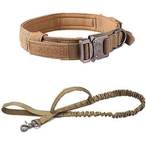 Tactische nylon halsband en riem Verstelbare trainingshalsband voor kleine middelgrote grote hond - kaki halsband, L