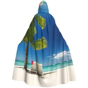 JEJEA Strand palmboom stoelen boten print unisex lange capuchon mantel capuchon cape heks mantel Halloween cosplay feest cape