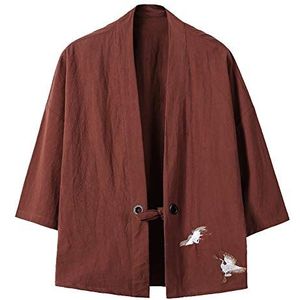 Heren Kimono Baggy katoen print mantel Haori jas overgangsjas Japan Happi Kimono, bruin, 3XL