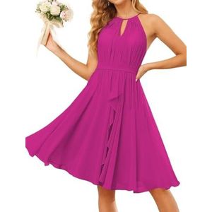 WSEYU Halter Schoolgala Jurken voor Tieners Korte Chiffon Bruidsmeisje Afstuderen Cocktail Party Jurk met Zakken ZM205, Fuchsia, 32