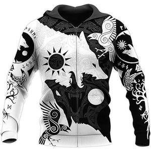 Viking Jacket Unisex Hoodie Casual Viking rits sweatshirt heren Scandinavische stijl lente/herfst winter 3D-printen vintage print sport hoodie Halloween cosplay outfit (Color : Zippered hoodie, Si