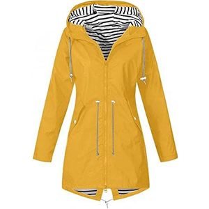 Dames outdoor eenkleurige jas middellange outdoor jas met capuchon waterdicht en winddicht windjack overgangsjas voor wandelen top coat ademend regenjas S-3XL, goud, X-Large,