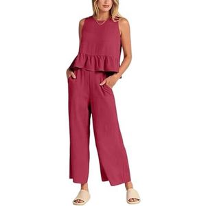 Dames zomer casual 2-delige set linnen ronde hals mouwloos ruches crop tops wijde pijpen broek lounge trainingspak set (3XL,Rood)