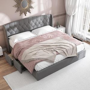VSOGA Fluwelen gestoffeerd bed, laden van stevig draadgaas, tweepersoonsbed met lattenbodem en 4 bedladen, 180 x 200 cm, zonder matras, grijs