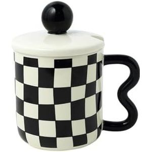 SHUIXIAYUE Dambord vintage keramische mok met deksel functie handvat beker kantoor koffiekop thuis niche melkbeker (zwart wit)