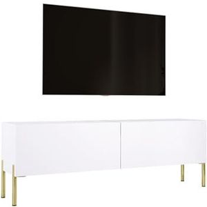 3E 3xE living.com TV-kast in mat wit met poten in goud, A: B: 140 cm, H: 52 cm, D: 32 cm. TV-meubel, tv-tafel, tv-bank