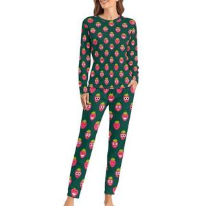 Rode Aardbei Leuke Gezichten Zachte Dames Pyjama Lange Mouw Warm Fit Pyjama Loungewear Sets met Zakken XL