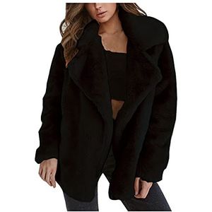 OnaiC Pluche jas dames kort - fleece mantel revers kunstbont winterjas pluizige bontjas effen overgangsjas lange mouwen corduroy jas warme herfstjas regular fit bontjas, zwart, S