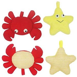 Bleu Bath (2 stuks) Animal Body Scrubber Natuurlijke Linnen Douchebal voor Peuter Kinderen Zachte Exfoliërende Bad Spons Loofah Poef in Geel Zeester Rode Krab met Leuke Grote Ogen Ontwerp
