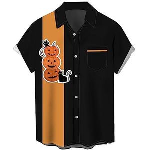 Gestreepte mode shirts button down korte mouw vintage Hawaiian Bowling shirt casual camping strand tops, 03 Halloween pompoen, M